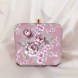 Round Button Voilet Rose Printed Clutch Bag