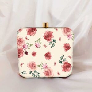 Round Button White Printed Clutch Bag