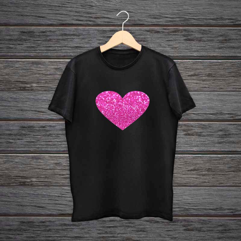 Girl T-Shirt Heart Glitter Print Black T-shirt Graphixking