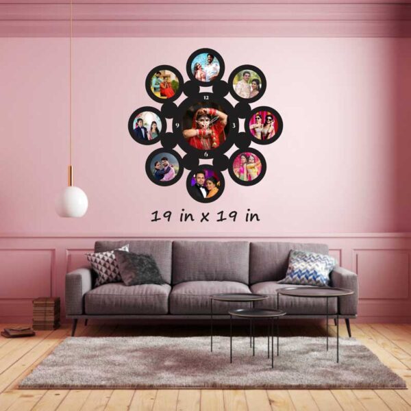 Round-Shape-9-Photo-Wooden-Frame-with-Clock-Wall