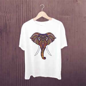 White Polyester Tshirt Mandala Art Elephant