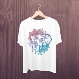 White Polyester Tshirt Mandala Elephant Art