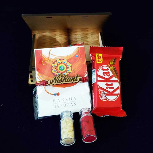 Customized-Wooden-MDF-Engraved-Rakhi-With-Box-And-Chocolate