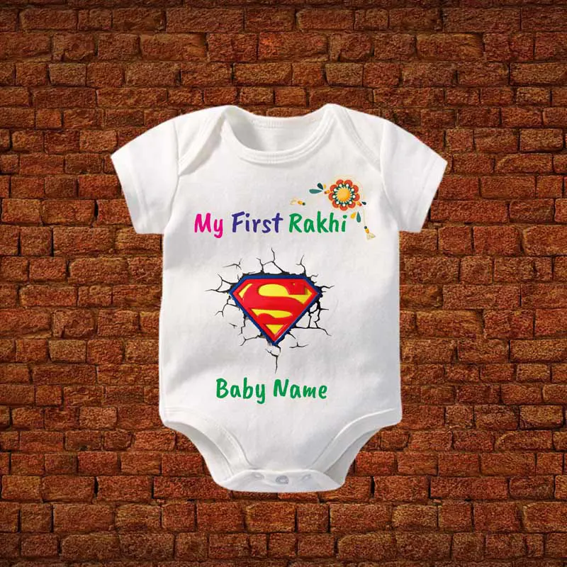First Rakhi Superman Romper With Baby Name