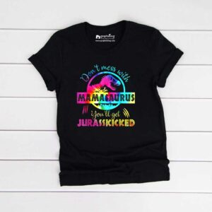 Pink Blue Mamasaurus Kids Black Tshirt