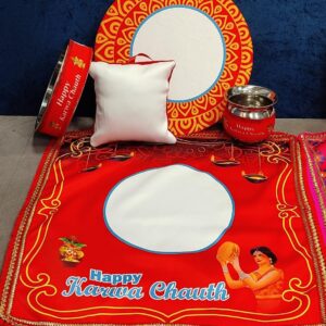 Personalized Karwa Chauth Thali Set Cloth Printed Red and Yellow